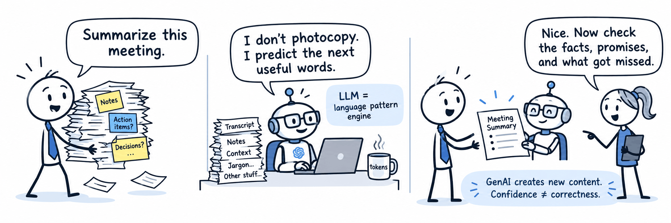 Three-panel comic. Panel one: a worker carrying a huge stack of meeting papers labelled Notes, Action items and Decisions says, “Summarize this meeting.” Panel two: a robot at a laptop is fed a pile marked Transcript, Notes, Context and Jargon and replies, “I don’t photocopy. I predict the next useful words.” A label reads, “LLM equals language pattern engine.” Panel three: the worker and a colleague examine the robot’s meeting summary and she says, “Nice. Now check the facts, promises, and what got missed.” A caption reads, “GenAI creates new content. Confidence does not equal correctness.”