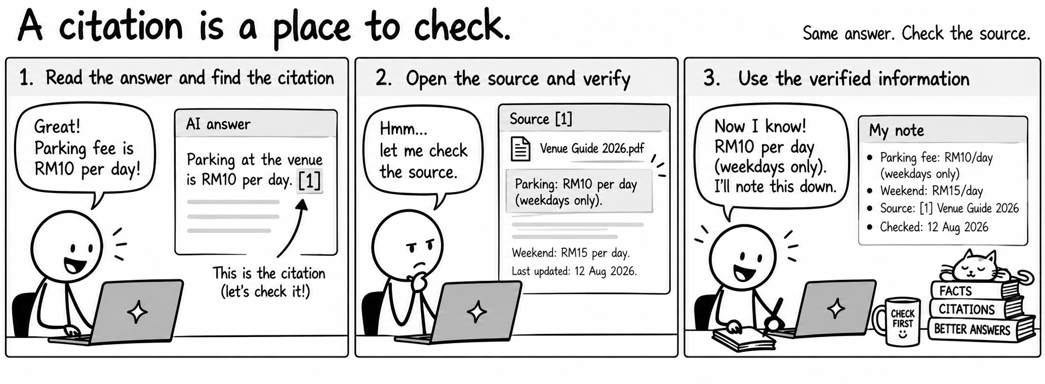 Three-panel comic, "A citation is a place to check — same answer, check the source." One, read the answer and find the citation: a worker reads an AI answer, "Parking at the venue is RM10 per day," carrying citation one; an arrow notes, "This is the citation — let’s check it." Two, open the source and verify: the worker says, "Hmm... let me check the source," and Source one, Venue Guide 2026.pdf, states "Parking: RM10 per day (weekdays only)," followed by "Weekend: RM15 per day. Last updated 12 August 2026." Three, use the verified information: the worker says, "Now I know! RM10 per day (weekdays only). I’ll note this down," and writes a note recording the fee, the weekend rate, the source and the date checked.